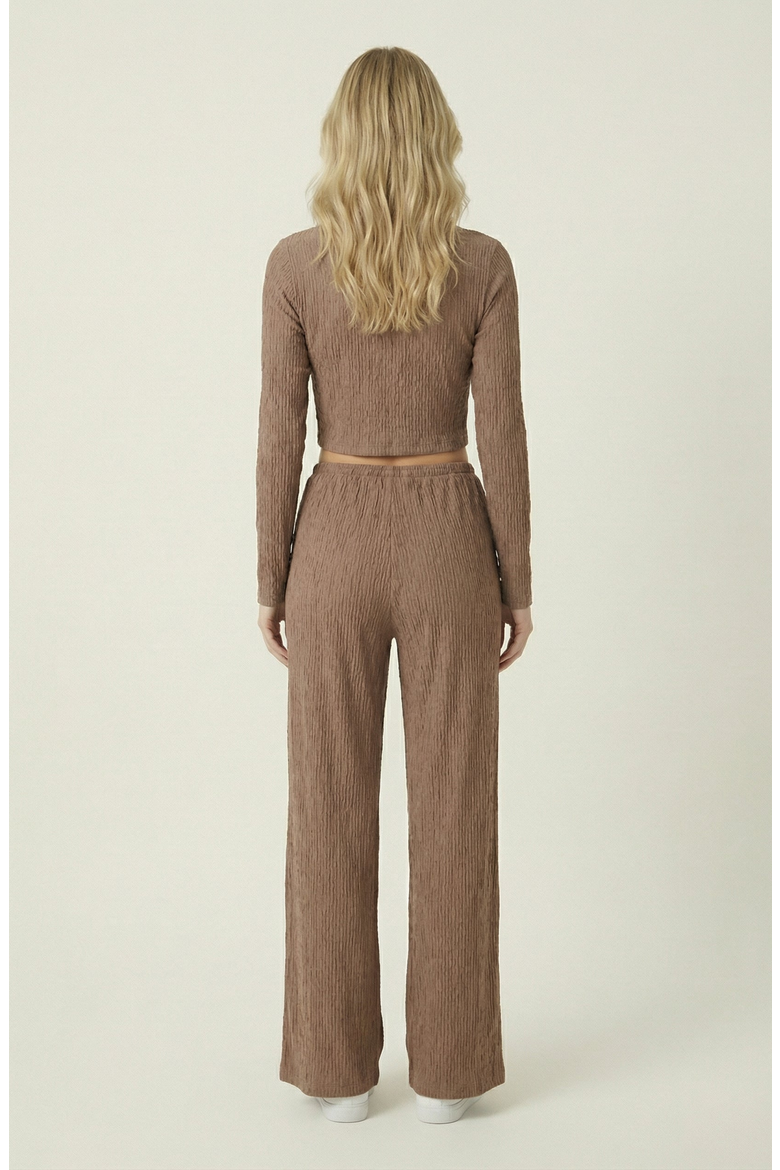 Ribbed Long Sleeve Crop Top and Wide Leg Lounge Pants Set with Drawstring, Alternate, color, Brown