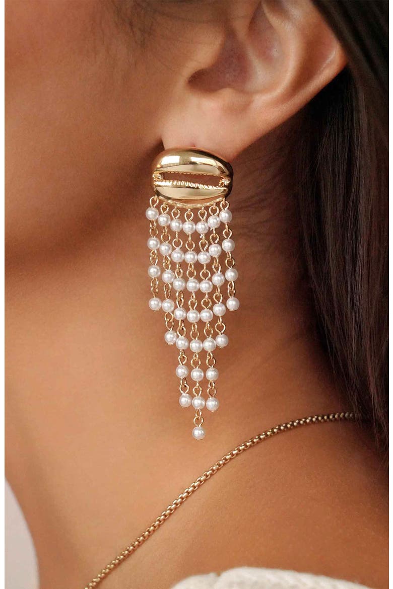 Mykonos Shell Faux Pearl Fringe Drop Earrings, Alternate, color, GOLD