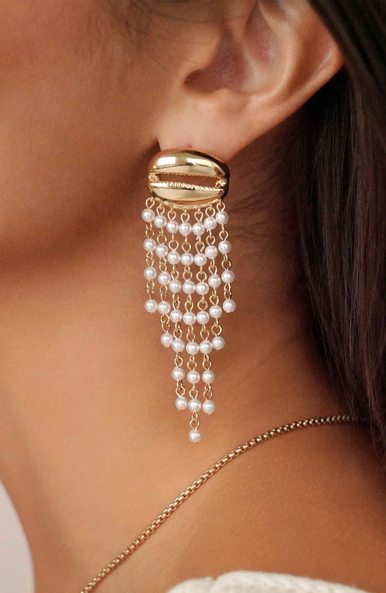 Ettika Mykonos Shell Faux Pearl Fringe Drop Earrings, Alternate, color, Gold