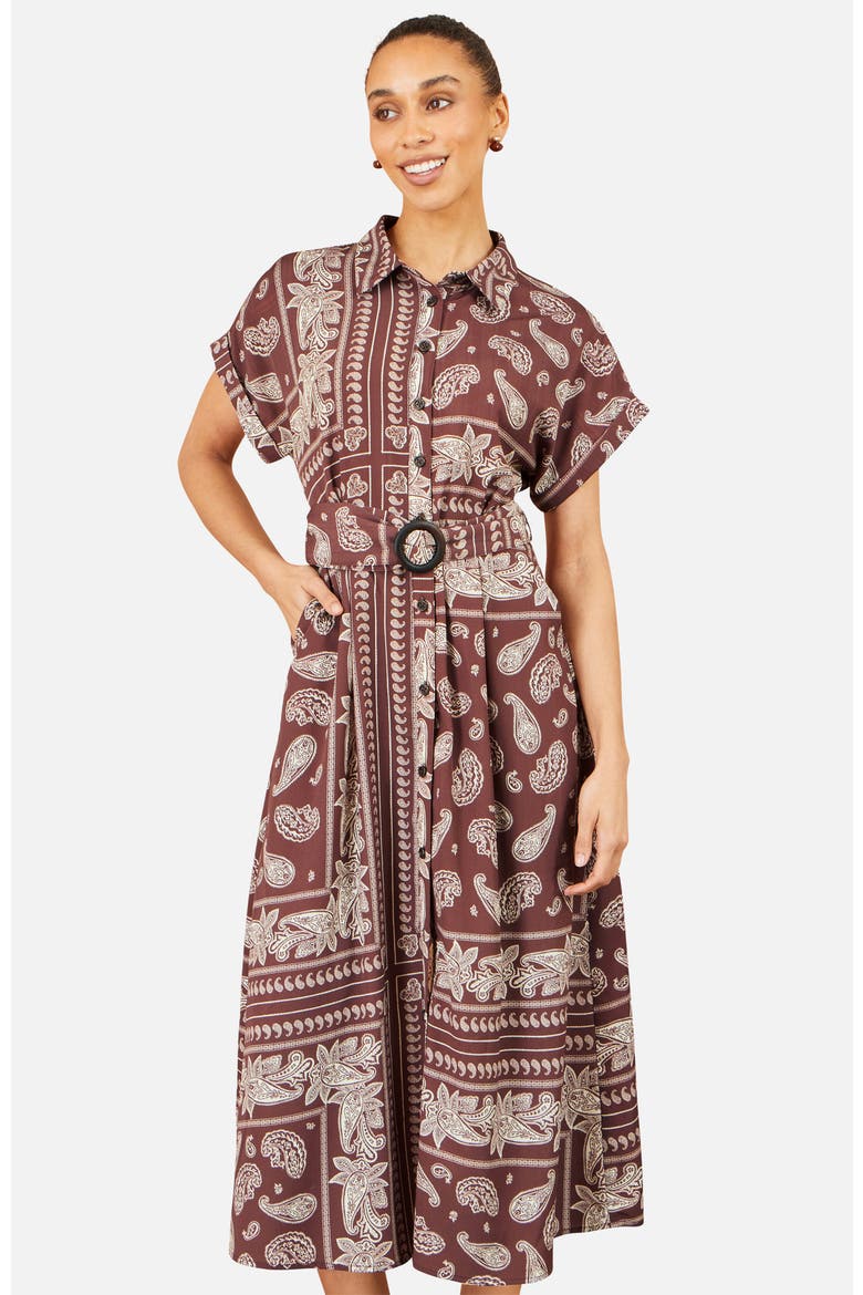 Scarf Print Midi Shirt Dress, Alternate, color, Brown