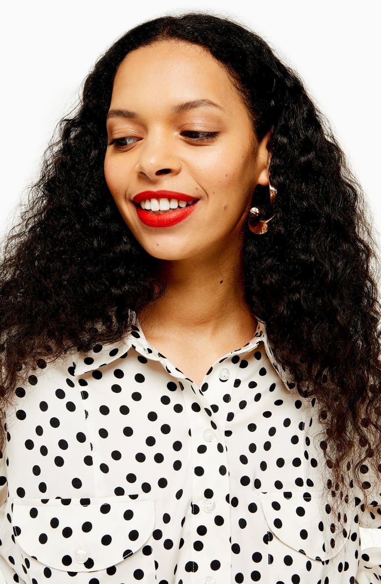 Topshop Spot Drawstring Waist Blouse, Alternate, color,