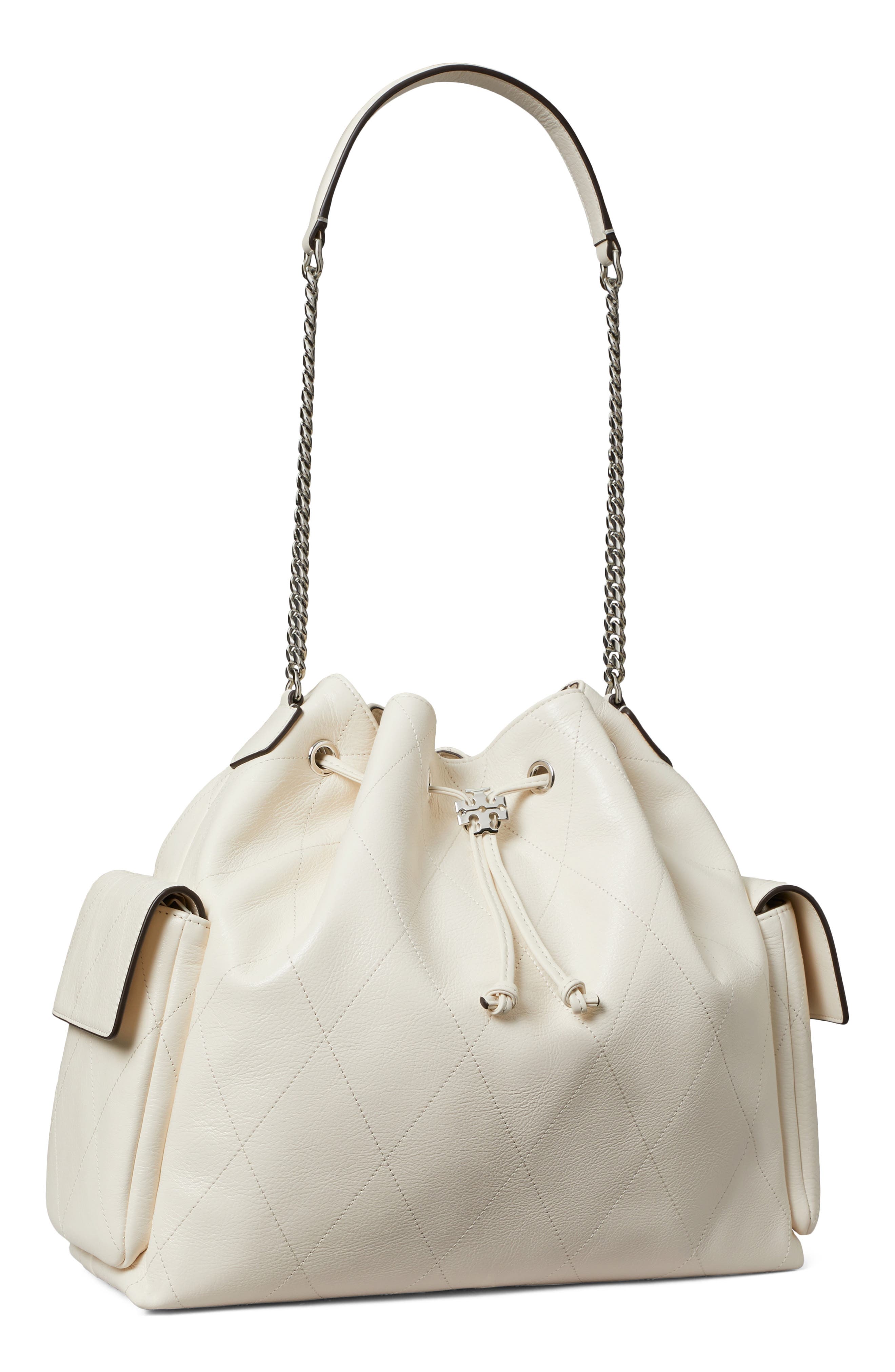 Tory Burch Large Charlie Quilted Leather Drawstring Shoulder Bag, Alternate, color, Light Cream