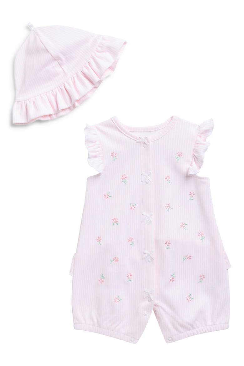 Embroidered Floral Romper & Hat Set, Main, color, PINK