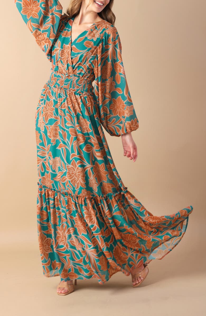FLYING TOMATO Print Long Sleeve Maxi Dress, Alternate, color, Teal Rust