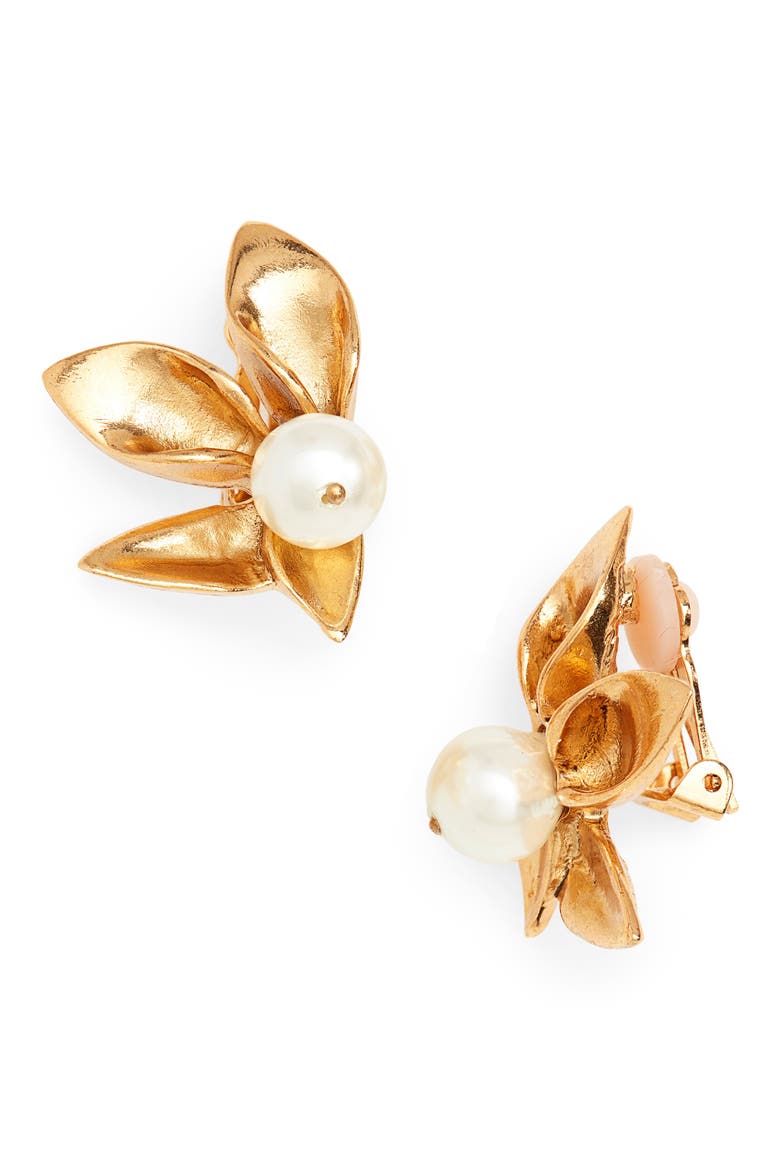 Imitation Pearl Flower Earrings, Main, color, GOLD