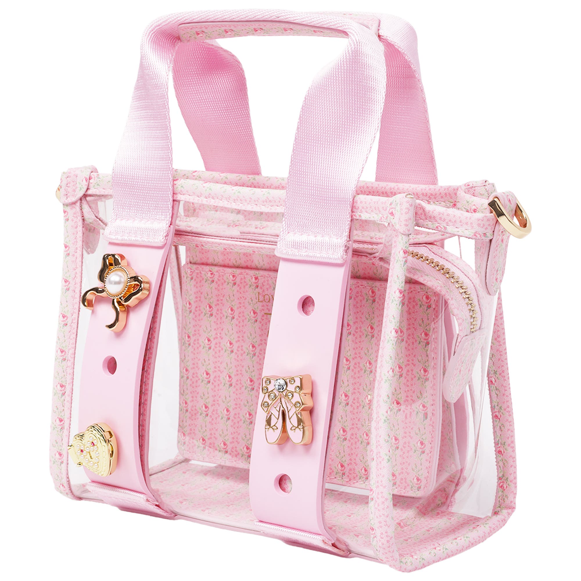 CROCS x LoveShackFancy Clear Mini Tote Crocssbody Bag With Charm details and Dust bag, Alternate, color, 