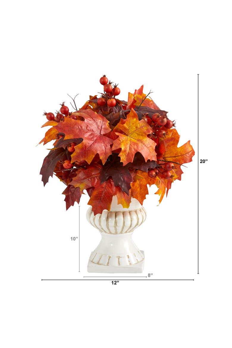 20-in Autumn Maple Leaf and Berries Artificial Plant in White Urn, Alternate, color, Orange