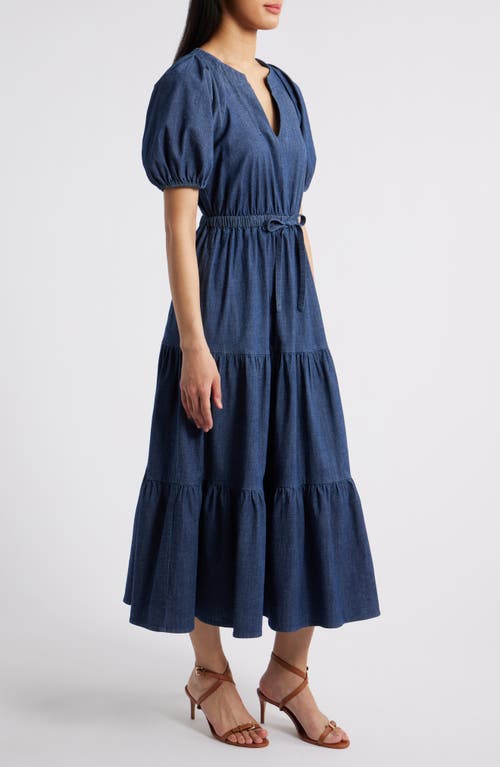 Anne Klein Petite Puff-sleeve Tiered Denim Midi Dress In Blue