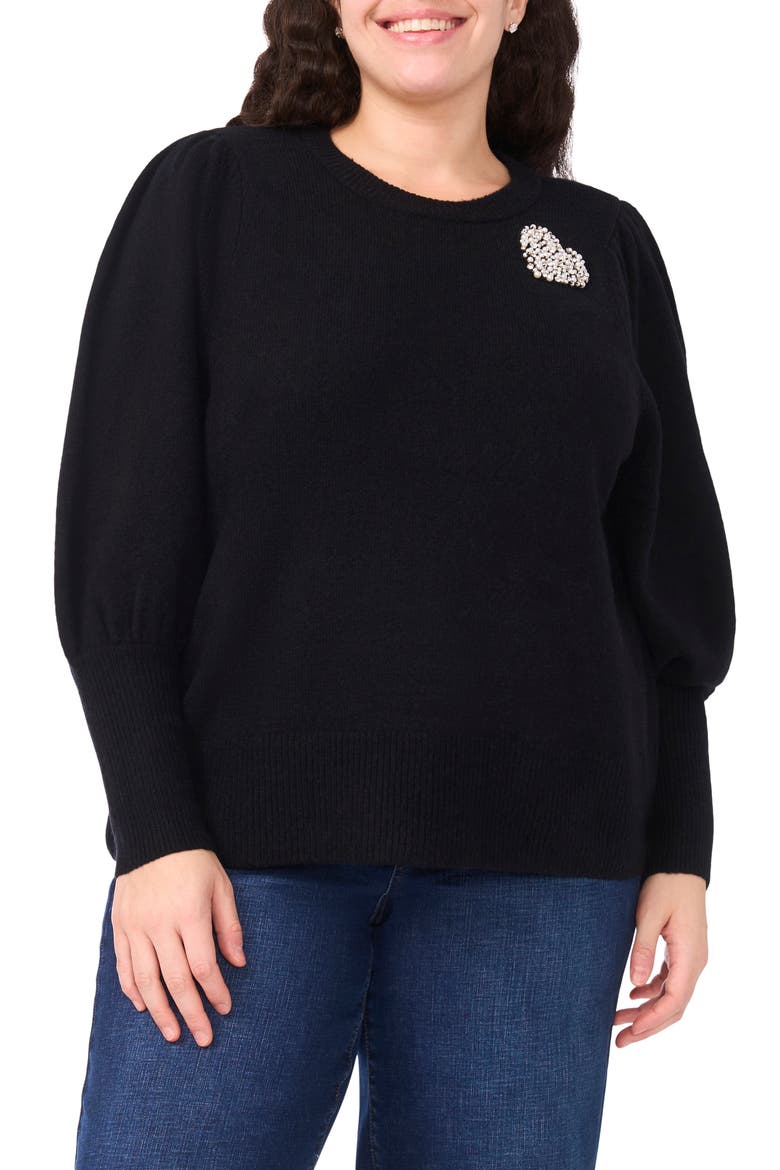 Faux Pearl Heart Applique Sweater, Main, color, RICH BLACK