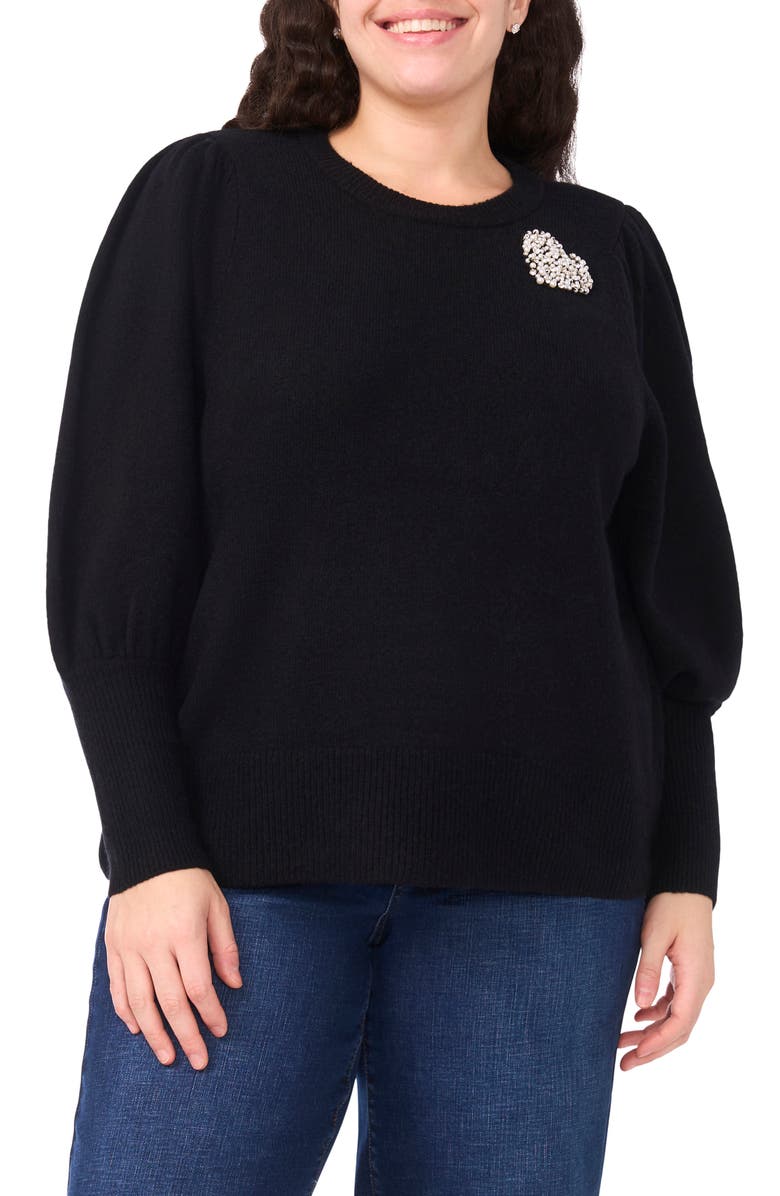 CeCe Faux Pearl Heart Applique Sweater, Main, color, Rich Black
