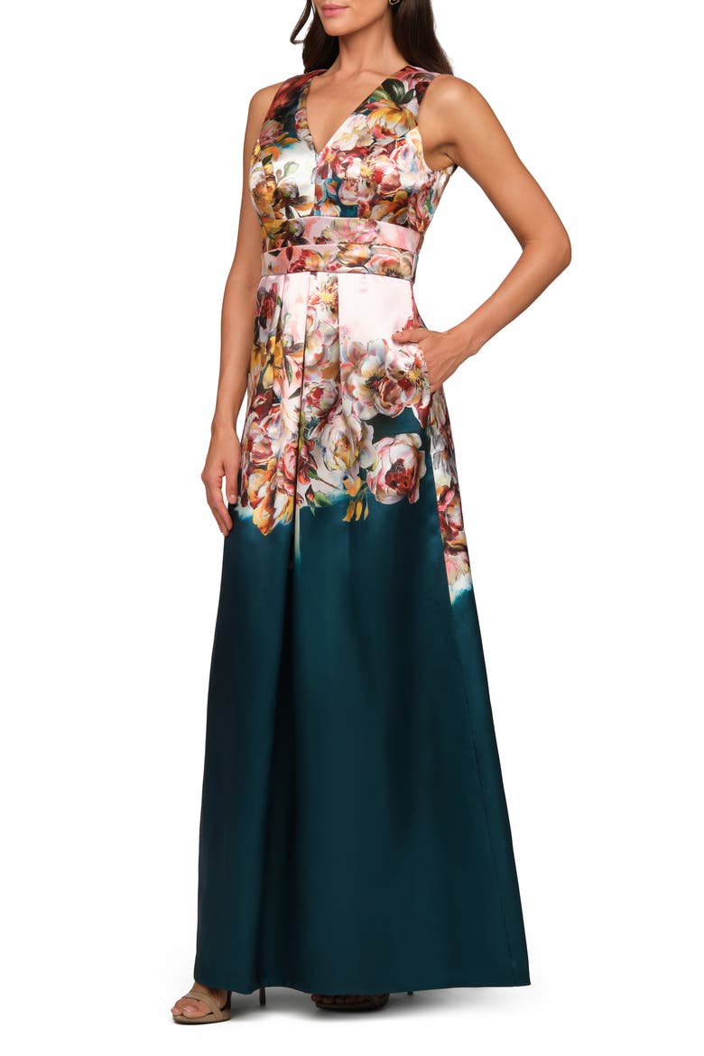 Mariah Floral Print Mikado Gown, Alternate, color, TEAL/ PINK