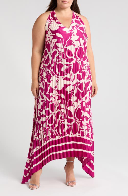 Melloday Pleated Satin Maxi Dress In Magenta/ivory Print