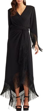 Tadashi Shoji Fringe Detail Long Sleeve Gown