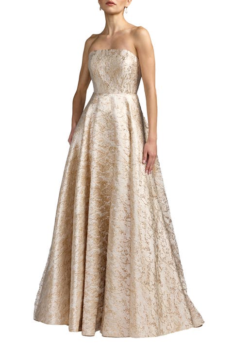 Strapless Metallic Brocade Ball Gown