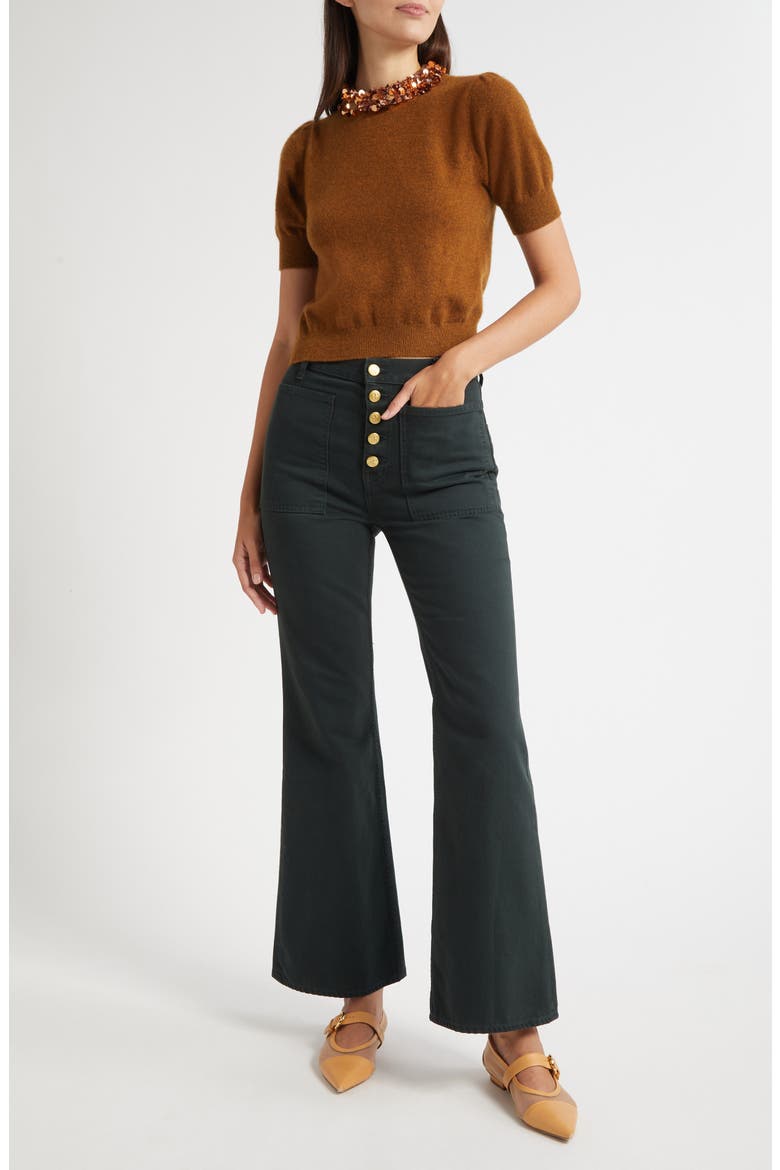 Crystal Collar Short Sleeve Cashmere Sweater, Alternate, color, UMBER