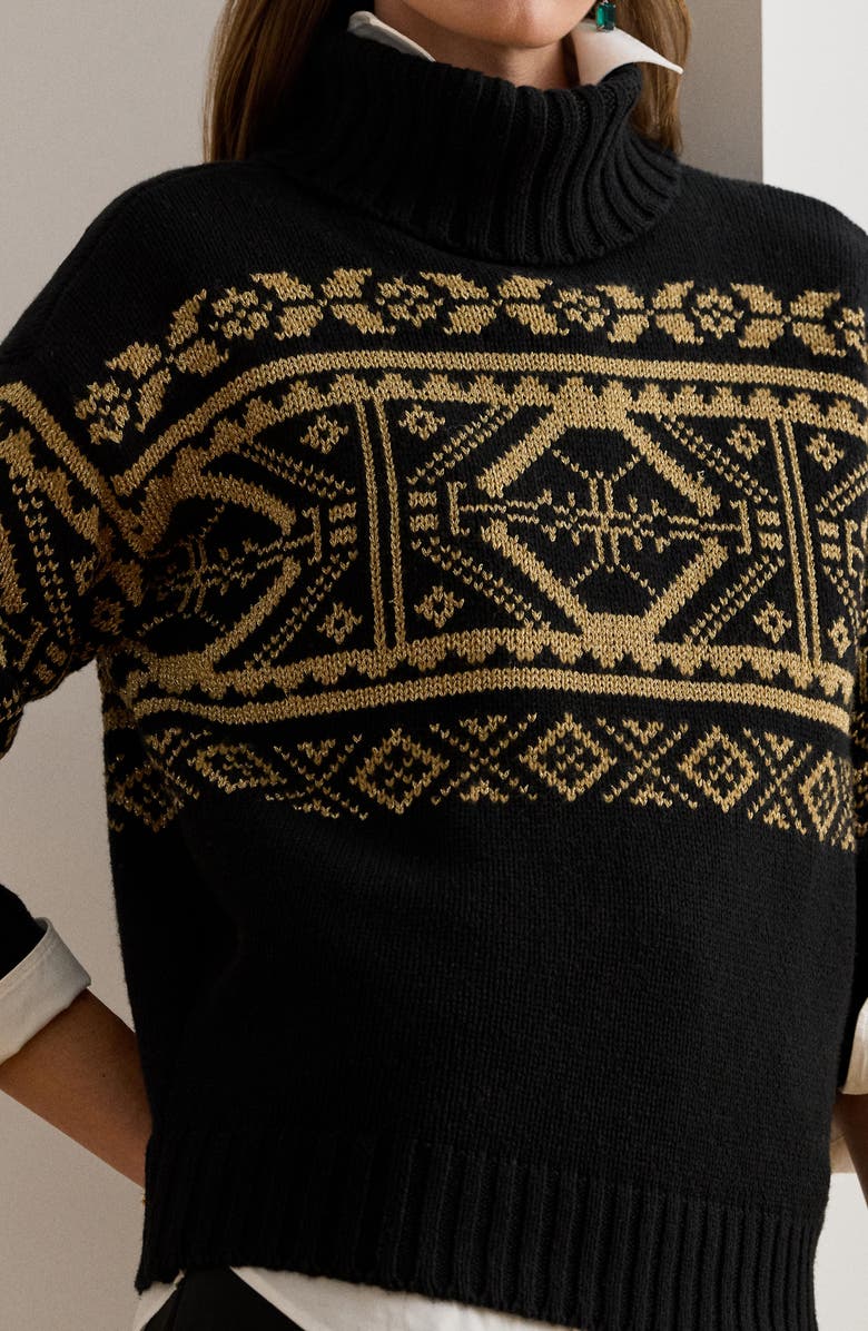 Lauren Ralph Lauren Fair Isle Turtleneck Sweater, Alternate, color, Black/ Relic Gold Metallic