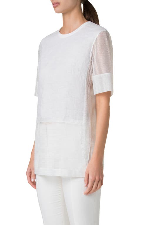 Akris Mixed-media Linen Striped Organza Short-sleeve Blouse In Ecru