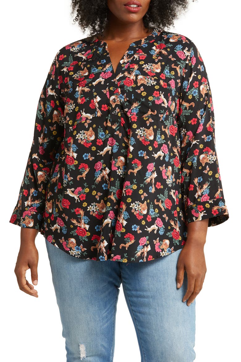 Printed Roll Tab Sleeve Blouse, Main, color, MIDNIGHT FOREST