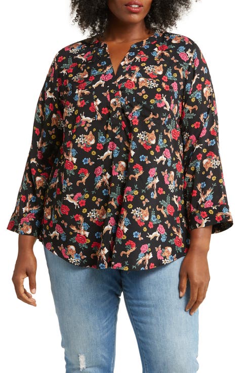 Printed Roll Tab Sleeve Blouse (Plus)