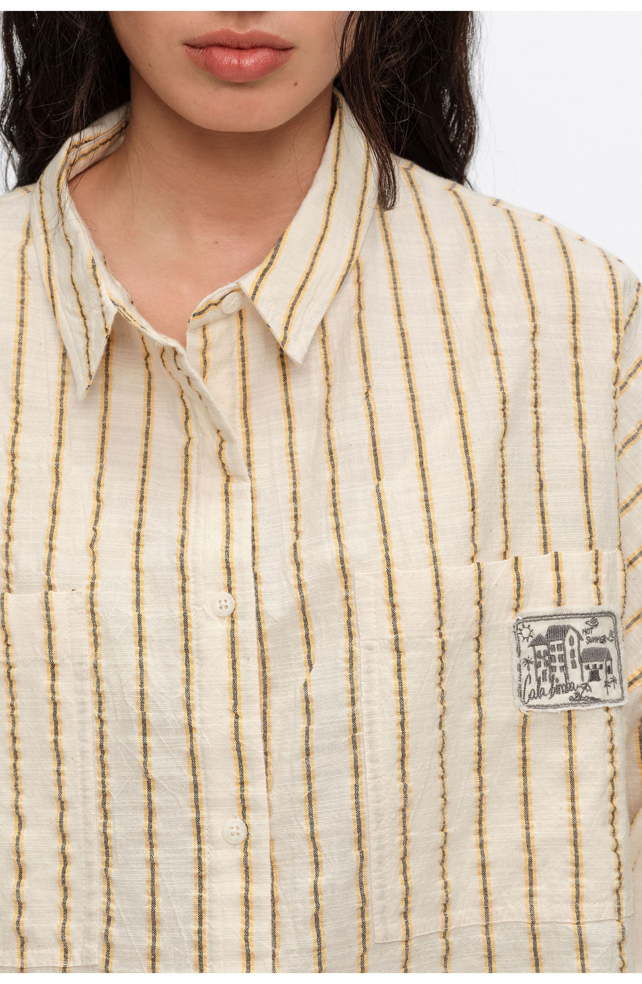 Ocher Striped Textured Cotton Oversize Shirt - image 2