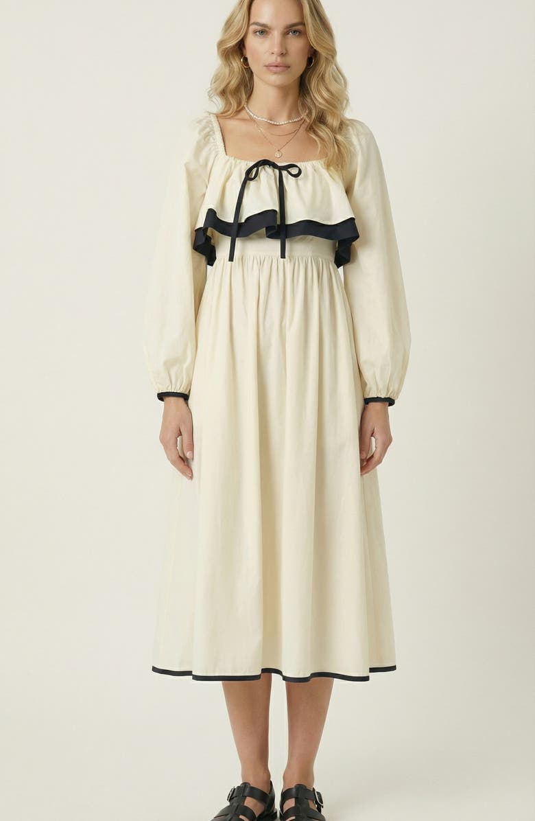 Modenaire Long Sleeve Ruffle Trim Midi Dress, Main, color, Ivory