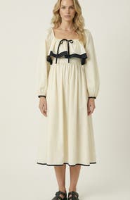 Modenaire Long Sleeve Ruffle Trim Midi Dress