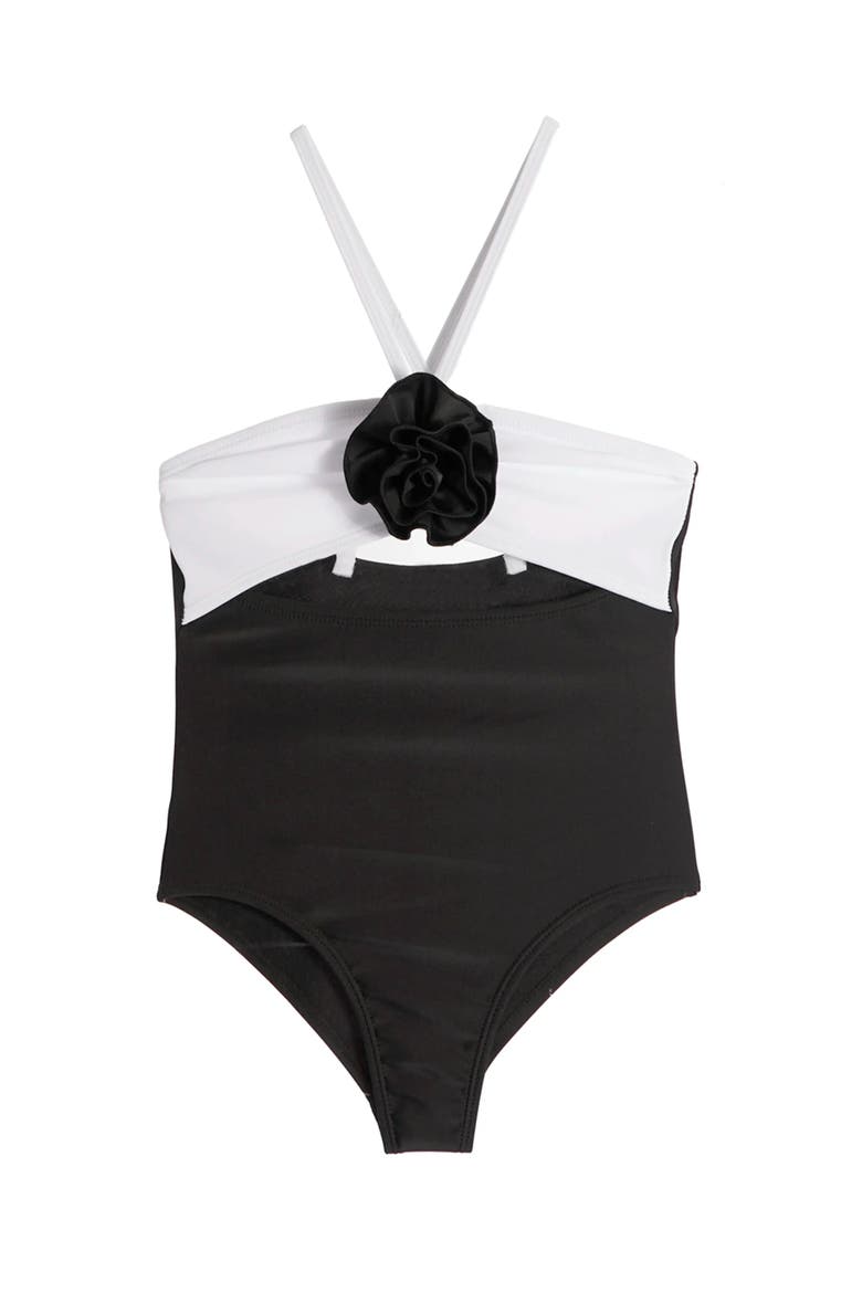 Rosette Halter One Piece Swimsuit, Main, color, Black and White