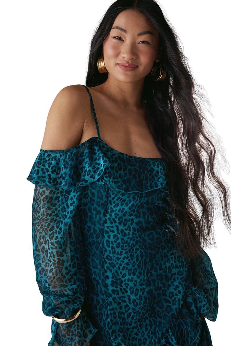 Ruffle Cold Shoulder Midi Dress, Alternate, color, Leopard