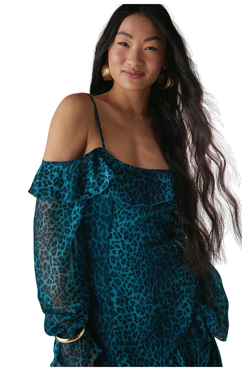 Warehouse Ruffle Cold Shoulder Midi Dress, Alternate, color, Leopard