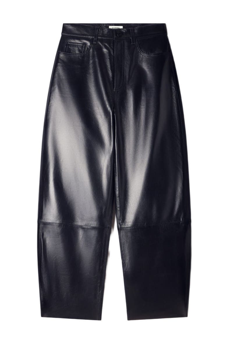 Leather barrel-leg trousers, Alternate, color, Black
