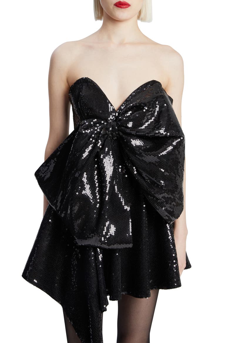 Brydie Bow Sequin Strapless Minidress, Alternate, color, BLACK