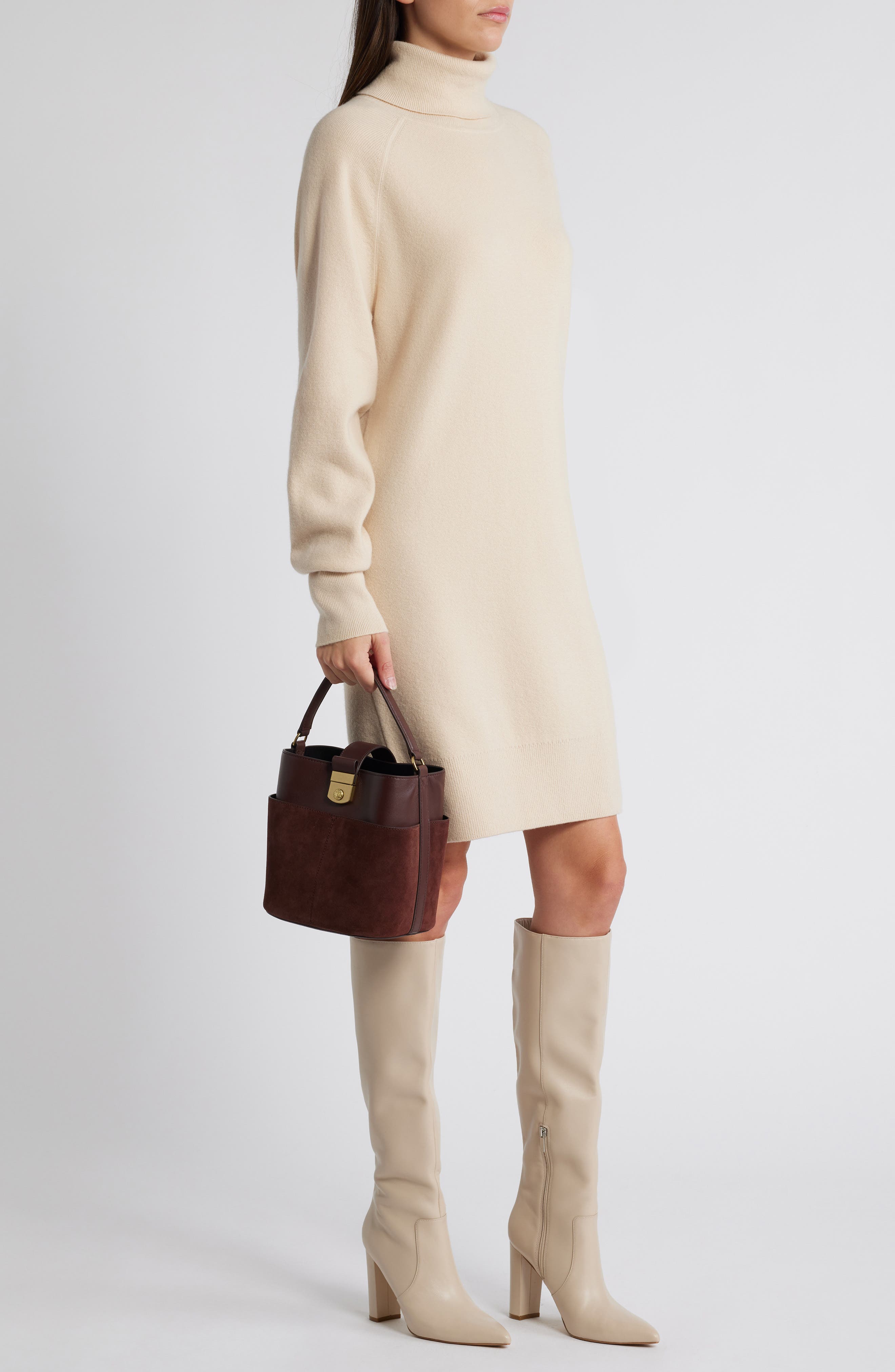 Small Crest Lock Leather Bucket Bag, Alternate, color, CHESTNUT