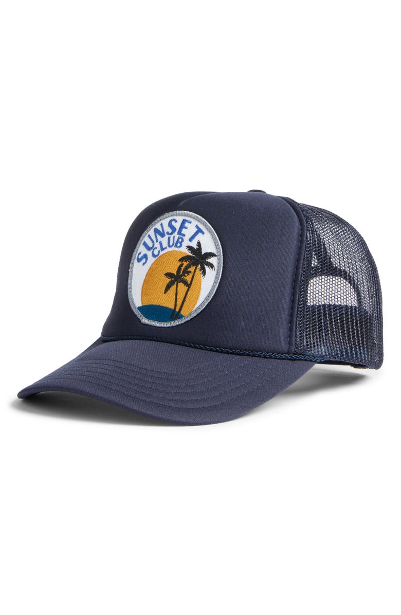 Friday Feelin’ Sunset Club Trucker Hat, Main, color, Navy
