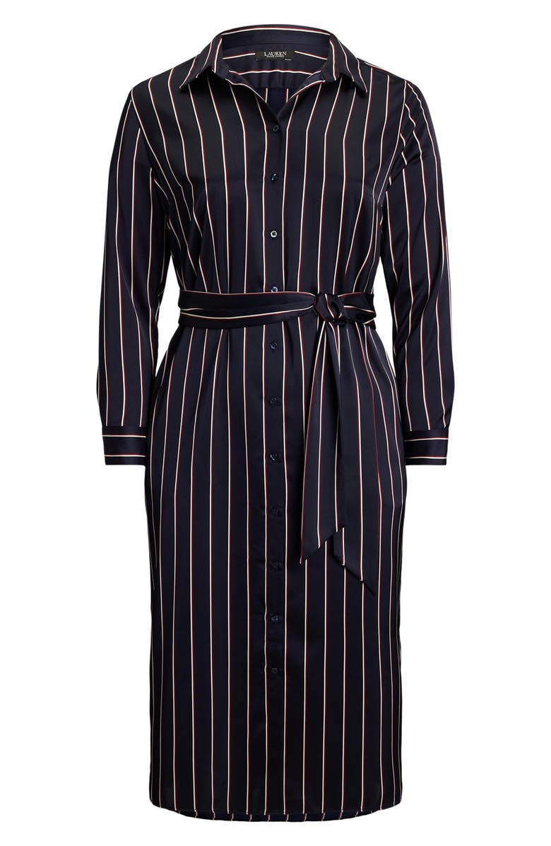 Lauren Ralph Lauren Stripe Long Sleeve Satin Charmeuse Shirtdress, Alternate, color, Navy/ Cream/ Garnet