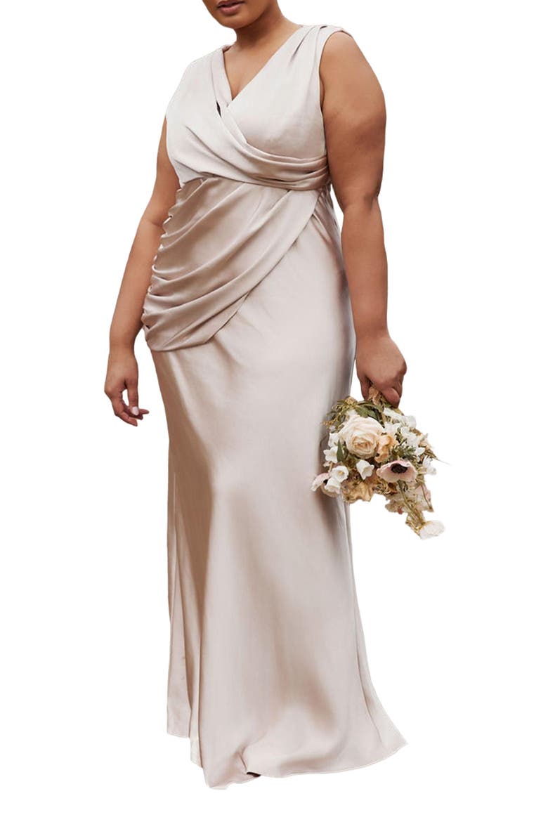 Plunge Drape Satin Bridesmaid Dress, Alternate, color, Oyster