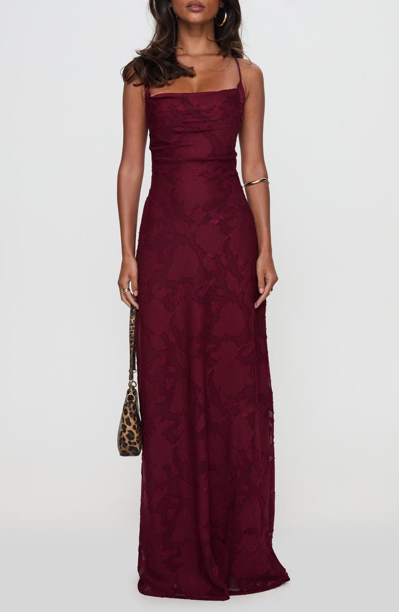 Princess Polly Celina Floral Jacquard Strappy Back Gown, Main, color, Burgundy Burnout