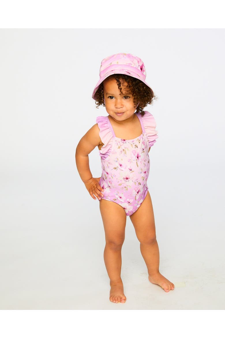 One-Piece Ruffle Flower Swimsuit, Alternate, color, Purple Flower Print