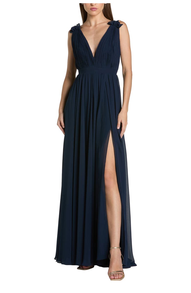 Mac Duggal Sleeveless Pleated Chiffon V-Neck Gown, Main, color, Navy