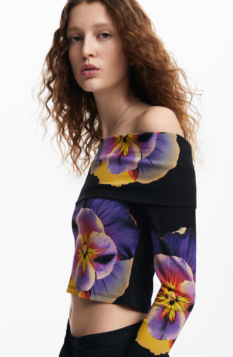 Desigual Pensee Lacroix Pansy Print Off the Shoulder Top, Alternate, color, 