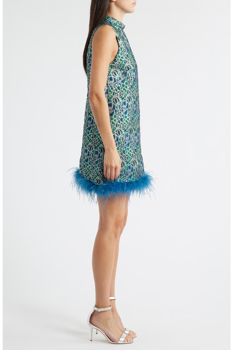 Alyssa Jacquard Feather Trim Sleeveless Minidress, Alternate, color, TEAL