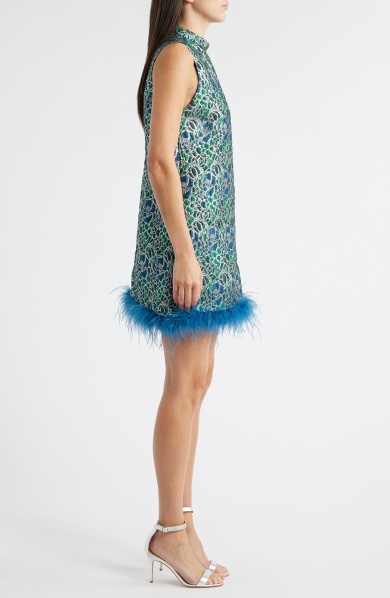 Lucy Paris Alyssa Jacquard Feather Trim Sleeveless Minidress, Alternate, color, Teal