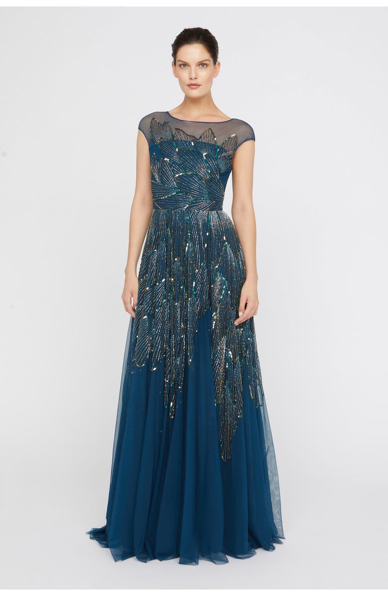 Theia Ava Beaded Cap Sleeve Bateau Neck Sequin Gown, Alternate, color, Aquamarine