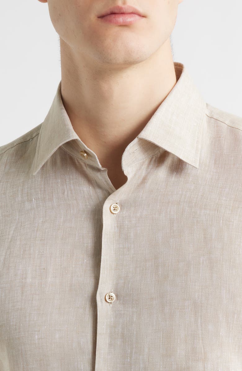 BOSS Hank Slim Fit Slub Linen Button-Up Shirt, Alternate, color, Light Brown