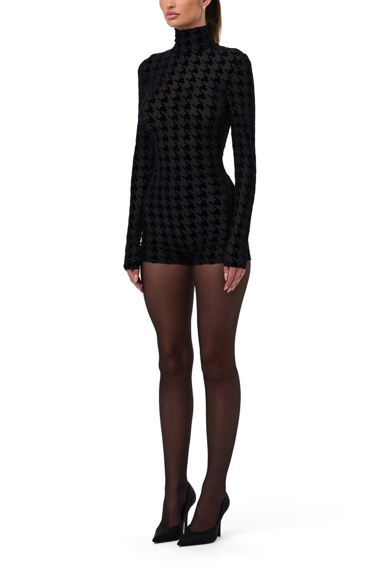 Naked Wardrobe Burnout Mock Neck Long Sleeve Romper, Alternate, color, Black Houndstooth