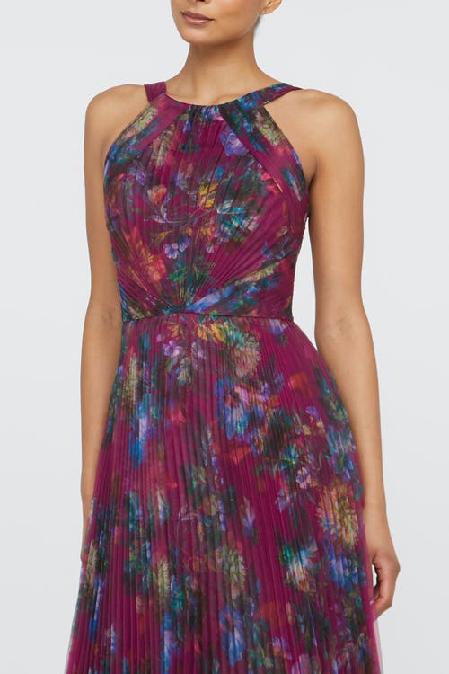 Theia Naveen Pleated Floral-print Organza Gown In Brown