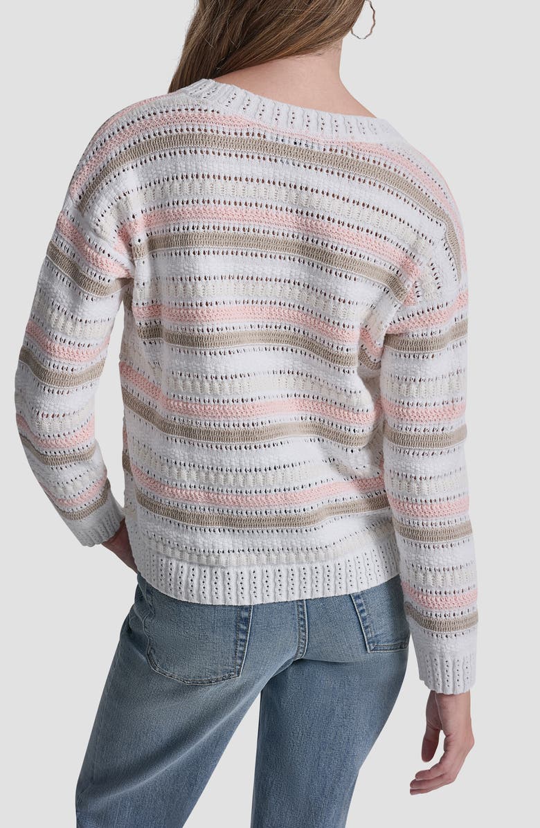 DKNY Jeans Stripe Cotton Pointelle Sweater, Alternate, color, Peach Spritz Combo
