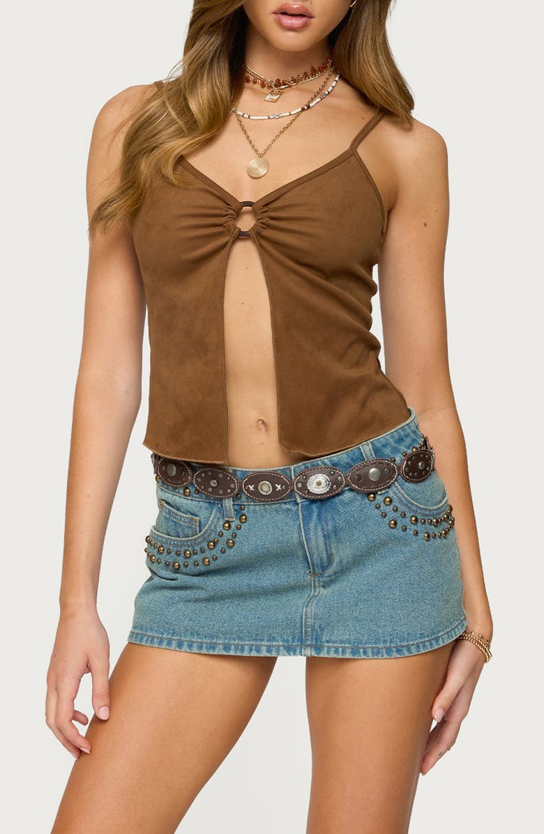 EDIKTED Faux Suede Split Front Camisole, Main, color, Brown