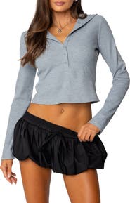 EDIKTED Hooded Long Sleeve Crop Waffle Henley Top