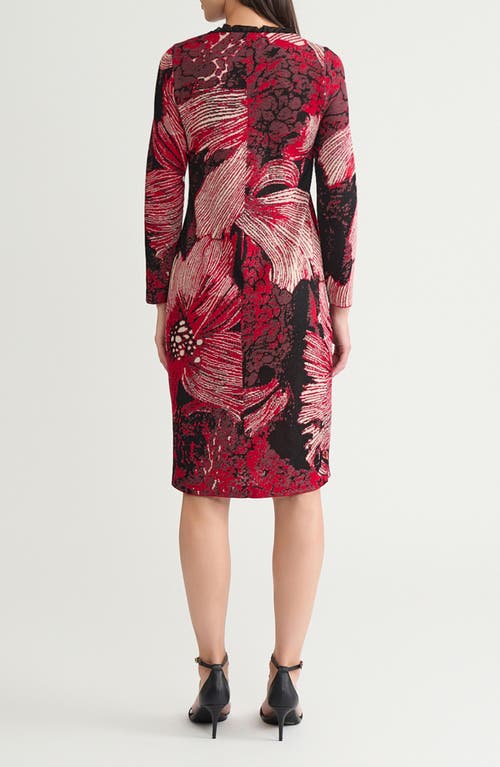 Ming Wang Floral Jaquard Ruffle Trim Long Sleeve Dress In Red