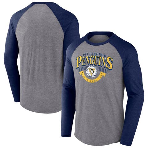 Men's Fanatics Heather Gray/Heather Navy Pittsburgh Penguins Goal Crease Raglan Tri-Blend Long Sleeve T-Shirt